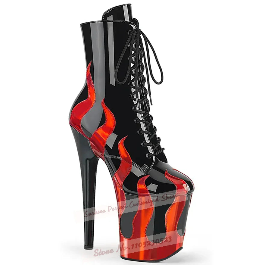 NEW Arrivals Sky High 20cm Handmade Stiletto High Heels Pole Dancing Stripper Shoes Hologram Iridescent Red Fire Shaped Patchwork Ankle Boots Platform Lace-Up Shoes