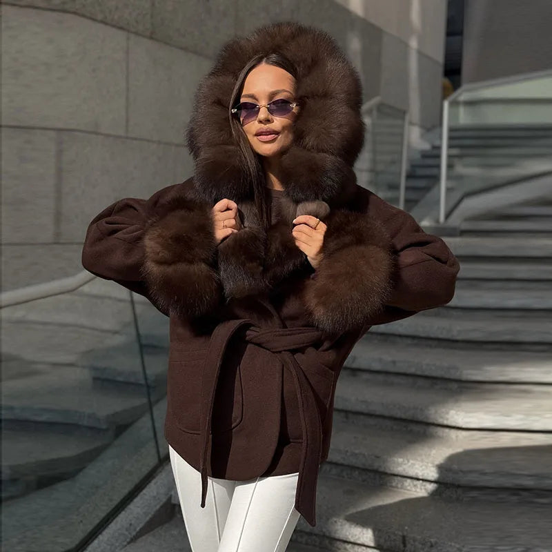 UK Size White/Gray/Brown/Black Color Hoody Mink  Fur Furry Coats Women Fashion Belt Long Sleeve Pocket Thicken Warm Jacket Autumn Winter Urban Lady Streetwear