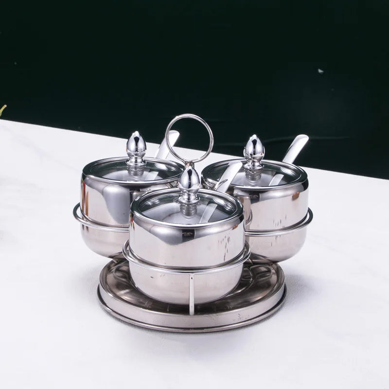 Home Villa Restaurants Hotels Household Luxury 304 Silver/Gold Color Stainless Steel Seasoning Tank Buffet Restaurant Hotel Seasoning Salt Storage Tank with Holder Rack Home Kitchenware Tools Sets