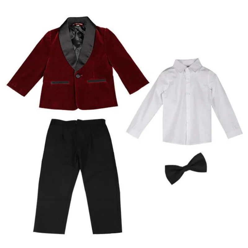 4 PCS Set Green/Black/Red Velvet Suit Luxury Fashion Baby Boy Formal Clothes Set Velvet Jacket Pant Shirt Bowtie Infant Toddler Child Blazer Jacket Baby Clothes Suit 1Y-12Y