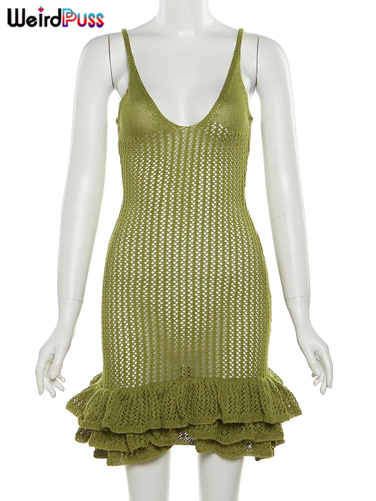 Knit Women Dress Sexy Hipster See Through Pleated Hem Deep v-Neck Backless Sleeveless Cami Bodycon Midnight Clubwear