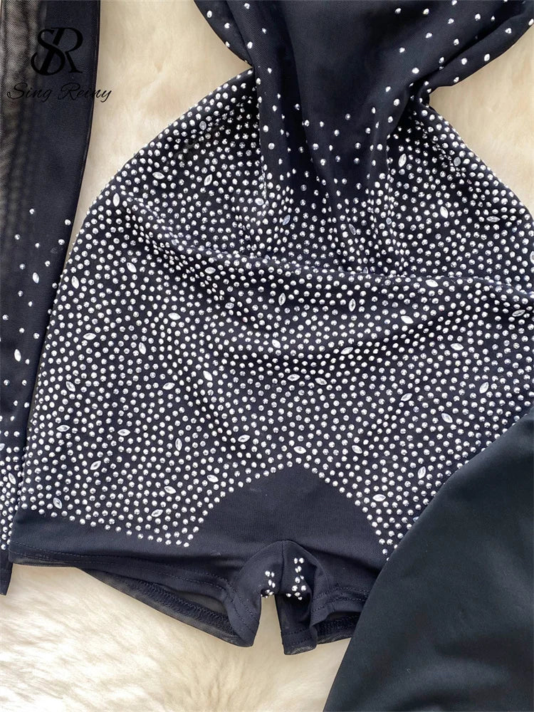 NEW S-2XL UK Plus Size Apricot/Black Color Summer Thin Sheer Sexy Viscose Bodysuit Long Sleeve Zipper With Shorts Design Rompers Beadings Streetwear Women Mesh Playsuits