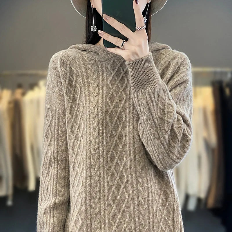 Thickened 100% Cashmere M-XL Warm Dress Knitted Pure Wool Long Hooded Sweater Mid-Length Commute Style for Women Autumn Winter New Arrivals
