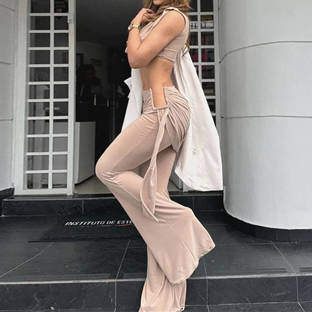 2PCS Set Luxury Night Clubwear Evening Party Streetwear Outfit Suit Women's Girls Slim Set Pile Collar Sleeveless Crop Top And High Waist Pants 2025 Spring Tracksuit Female Ladies Luxury Sexy Fashion Clothing Supplies