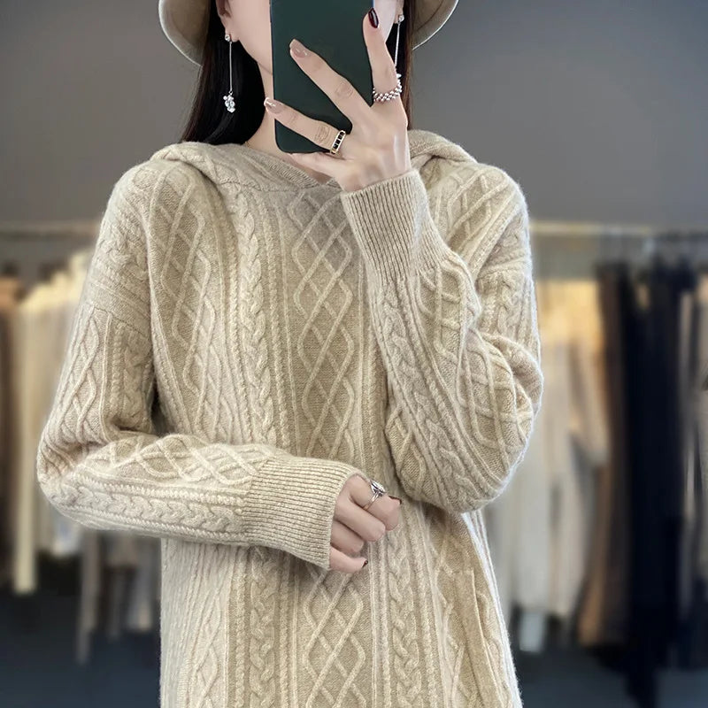 Thickened 100% Cashmere M-XL Warm Dress Knitted Pure Wool Long Hooded Sweater Mid-Length Commute Style for Women Autumn Winter New Arrivals