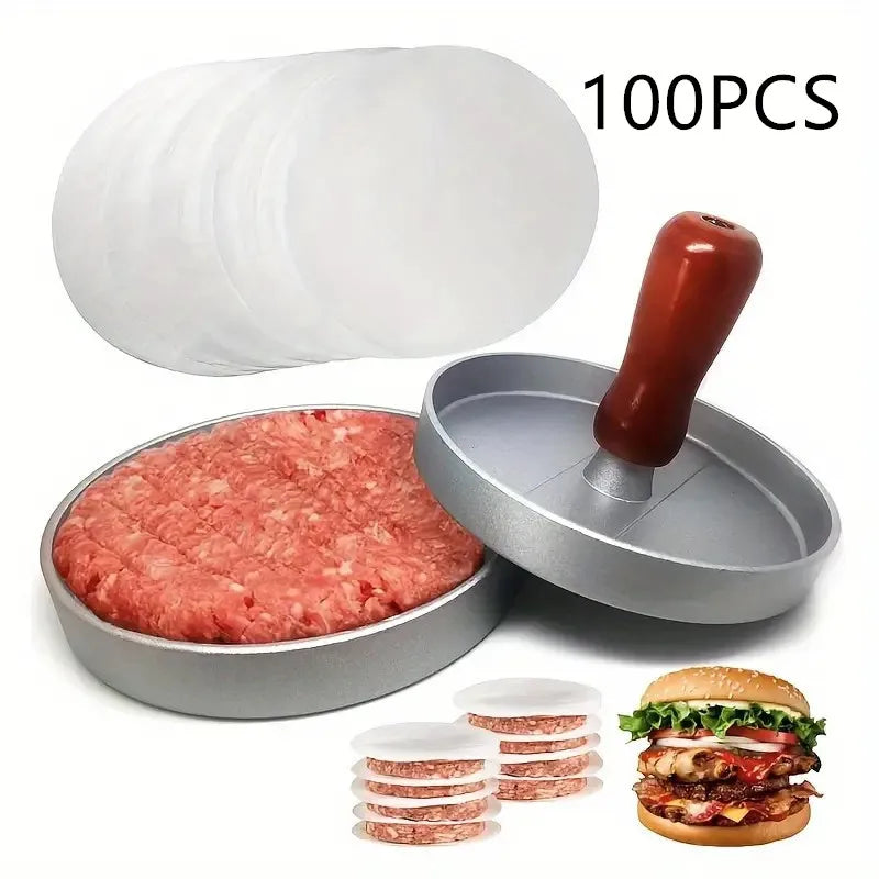 NEW Arrivals Stainless Steel Hamburger Patty Press Machine with Wooden Handle Non-Stick Patty Mold for Perfect Burgers Includes 100 Pcs Meat Pat Cooking Tools