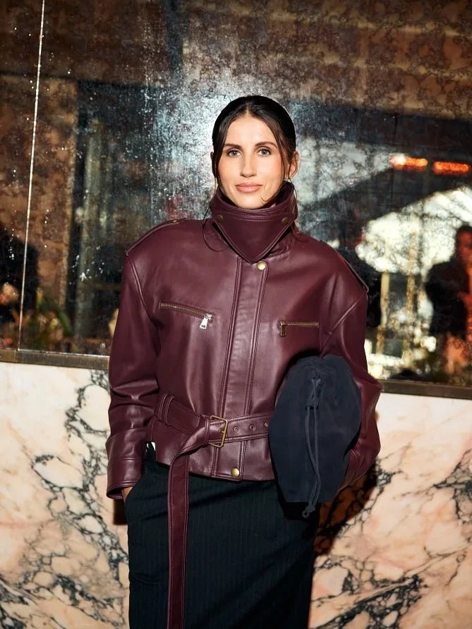 UK Size Women Solid Burgundy Waist Cinching Jacket Fashion Lace Up Stand Collar Zipper Bucket Short Jackets Lady High Street Coat