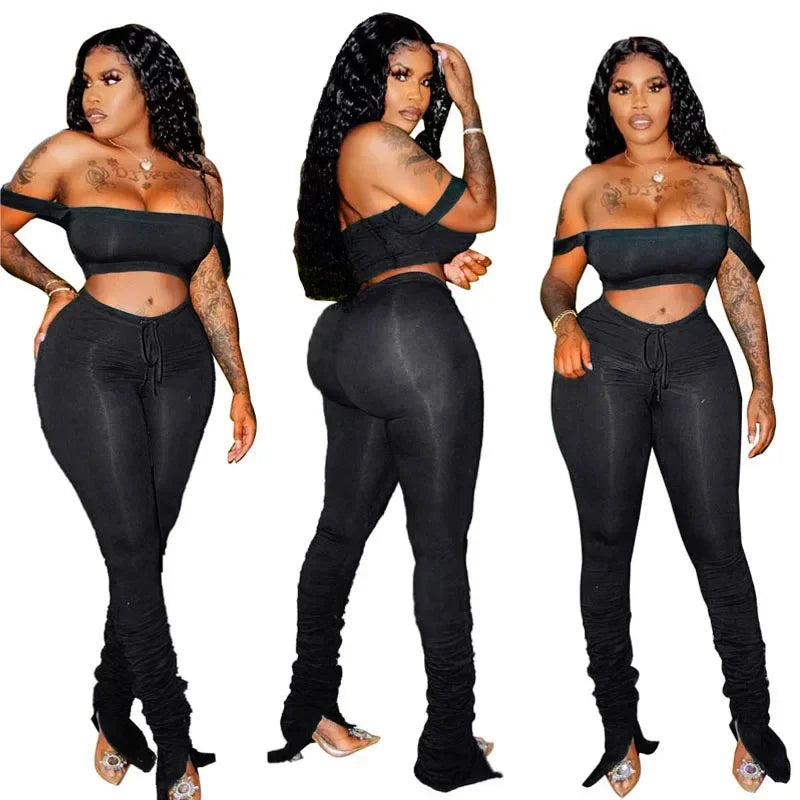 Women Tracksuit Suit 2 Piece Set Skinny Elastic Strapless Tops and Fold Slit Thin Pants Casual Female Sweatshirt Sportswear Suit