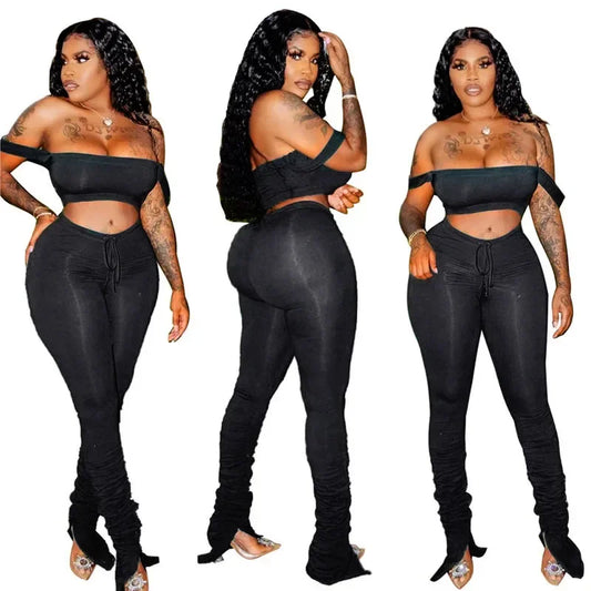 Women Tracksuit Suit 2 Piece Set Skinny Elastic Strapless Tops and Fold Slit Thin Pants Casual Female Sweatshirt Sportswear Suit