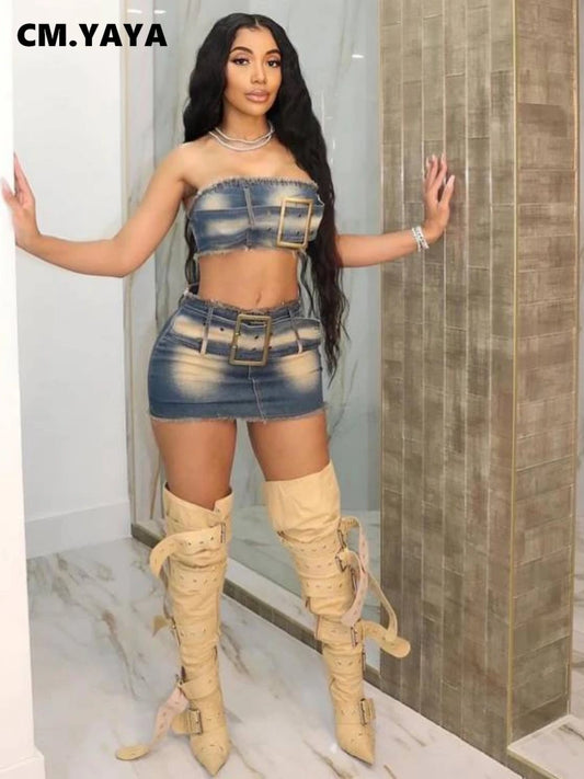 Fashion Denim Women's Set Strapless Crop Top and Mini Bodycon Midi Skirt Streetwear Chic Two 2 Piece Set Outfits