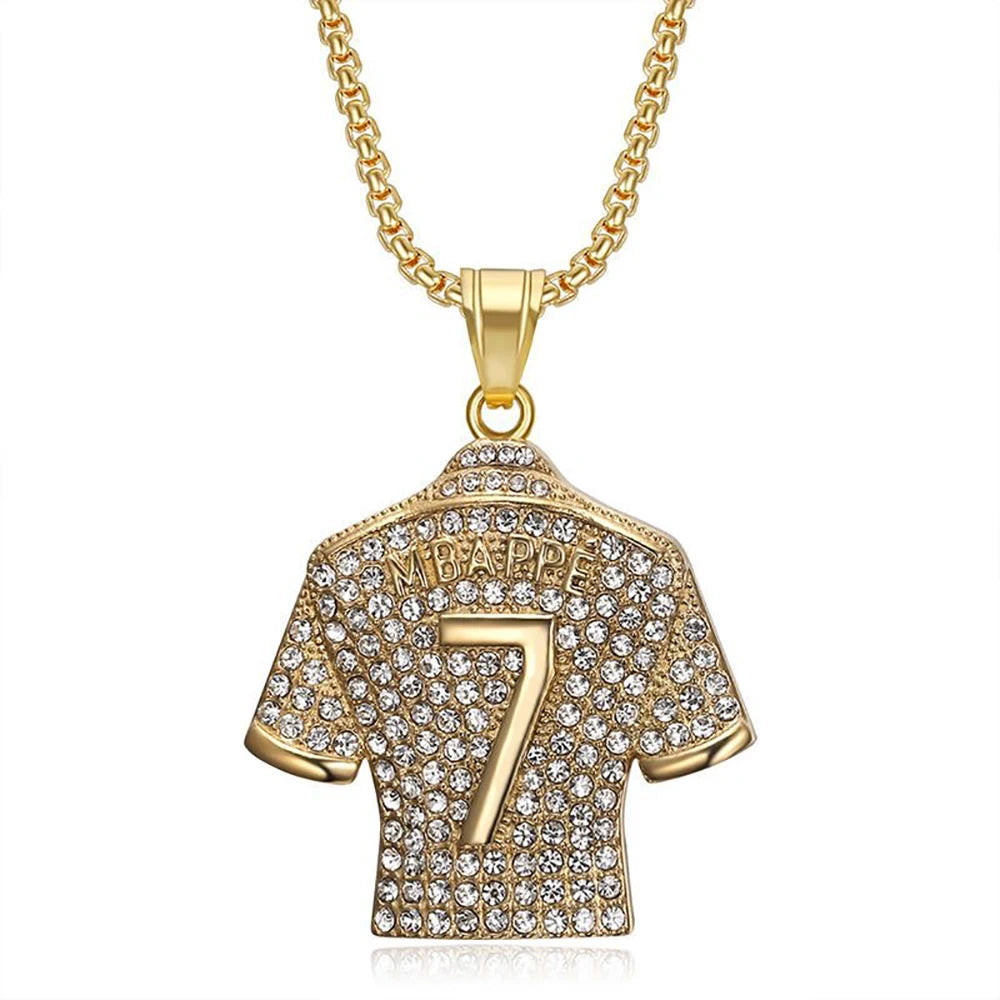 Fashion Football Jersey Messi Cristiano Ronaldo Neymar Mbappé Harland Rhinestone Necklaces + 60cm Gold Chain Men Stainless Steel Soccer Fans Hip Hop Jewelry Accessories