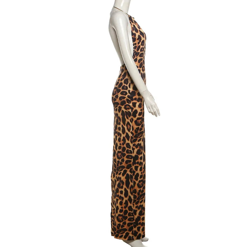 NEW Arrivals UK Size Lady High Street Partywear Women Elegant Leopard Halter Dress Sexy Backless Deep V-Neck Slim Long Dresses