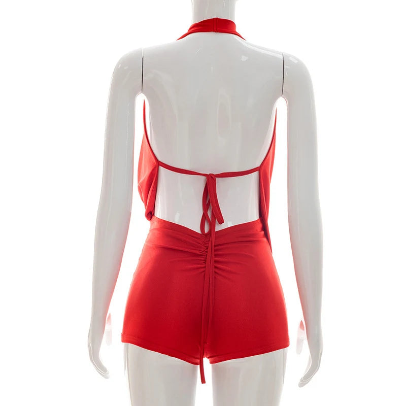3 Colors Sexy Deep V-Neck Halter Backless Bodycon Rompers Woman Playsuit Sleeveless Ruched Jumpsuit Short Overalls Night Party Outfits