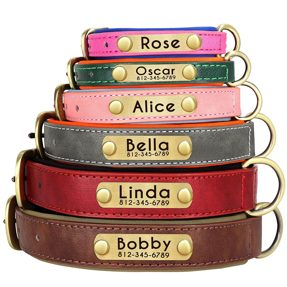 Leather ID Nameplate Dog Collar Soft Padded Dogs Collars Free Engraving Name for Small Medium Large Dogs Adjustable