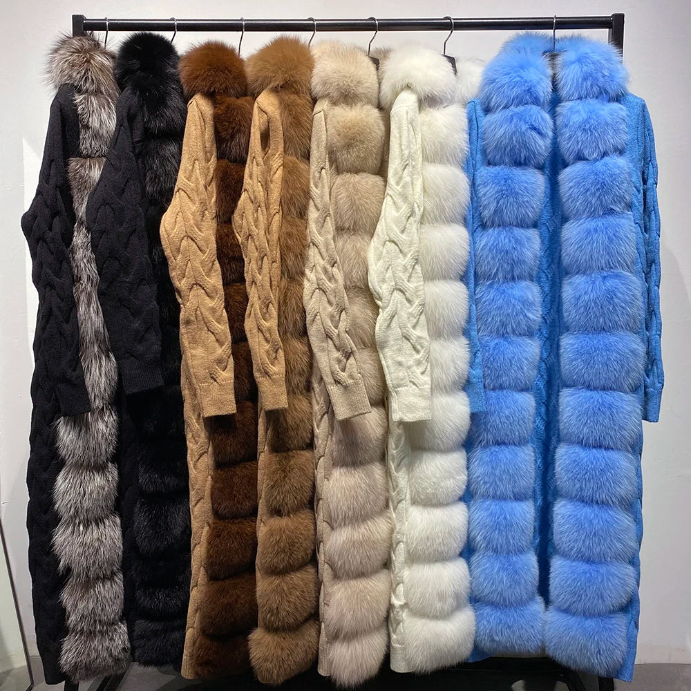 NEW Arrivals Italian Style Women Girls Luxurious Real Fox Fur Cardigan Long Knitted Hooded Sweater, Warm Cardigan, Autumn and Winter Streetwear Supplies Female Ladies Winter Luxury Fashion Clothing Products
