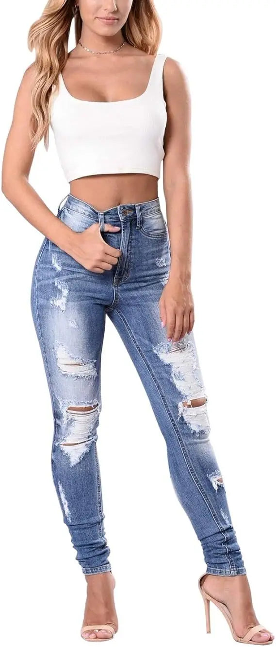 S-2X Plus Size Trendy Women's High-Waisted Slim Fit Denim Jeans Cross-Border Style Pencil Long Jeans Tear Hole Design Elegant Commute Girls Casual Spring Streetwear Apparel Supplies