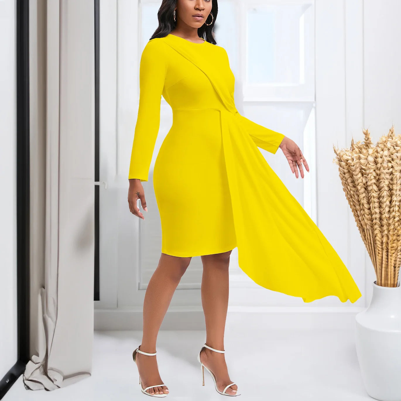 Plus Size Elegant  Dress Woman O Neck Full Sleeve Big Swing Sheath Mid Calf Fashion Female Birthday Party Dinner Dress