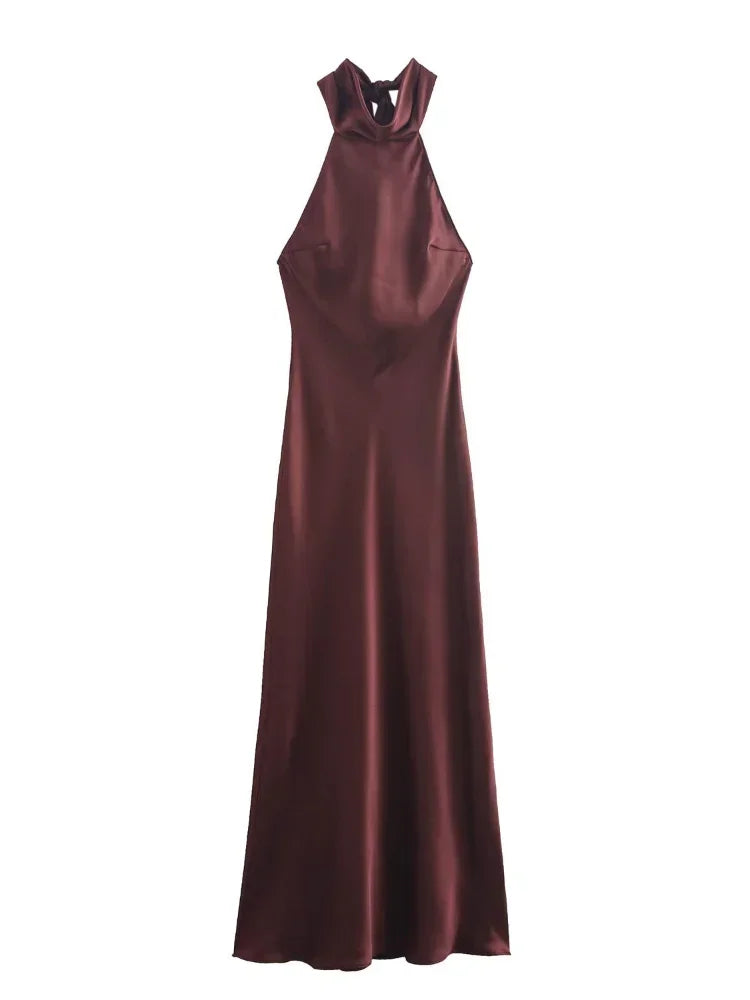 NEW Arrivals Black/Brown Elegant Brown Satin Halter Lace Up Long Dress Sexy Off Shoulder Backless Sleeveless Bodycon Dresses Autumn New Lady Party Luxury Fashion Clothing Supplies
