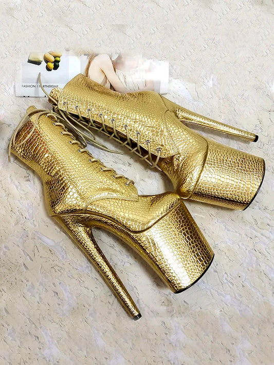 8Inch Exotic Dancer Sexy Fetish Stripper Thin High Heels 20cm Party Catwalk pole dance shoes Gold Sneakers Big Size Ankle Boots