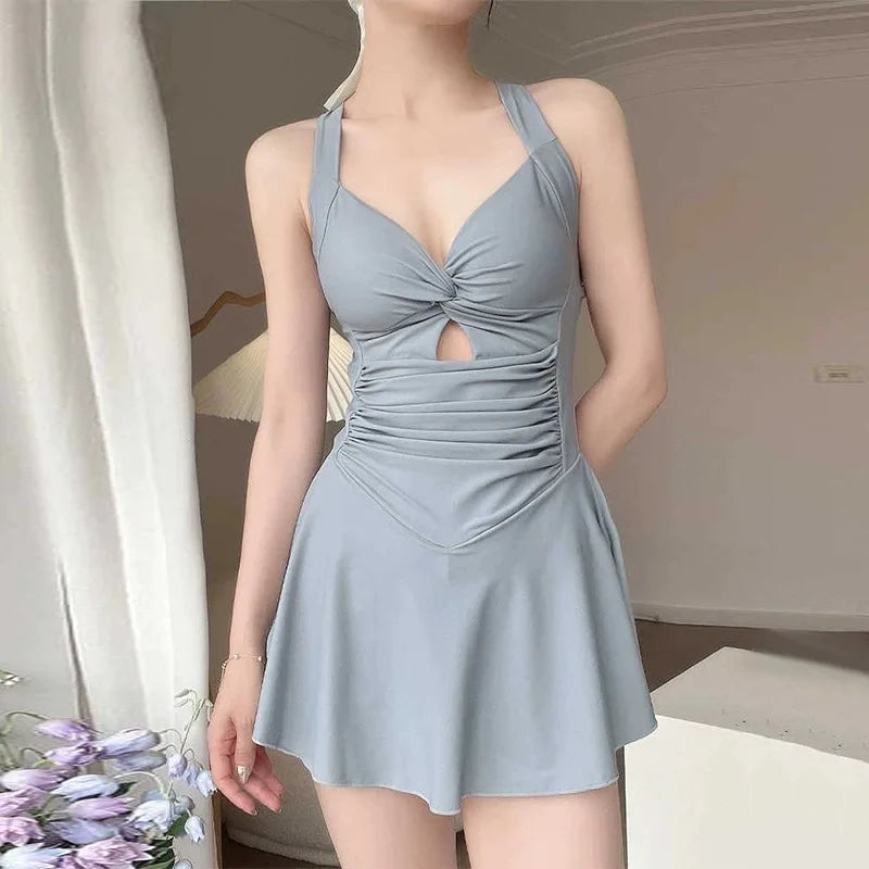 4 PCS Set Women's Swimsuit Dress + Swimming Cap + Goggles + Mobile Phones Bag + Nose Clip Earplugs Conservative Slimming Korean Style Sporty Hot Spring Swimming Suit Pure Color Skirt Style Gathered Bathing Sets