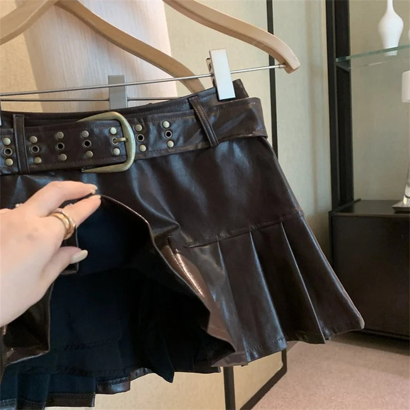 NEW Arrivals Women Black/Coffee Leather Skirt Harajuku Japanese Y2K Vintage Pleated Skirt 90s Aesthetic A-Line Mini Skirt Emo 2000s Punk Clothes Girls Sexy Casual Fashion Clothing Supplies
