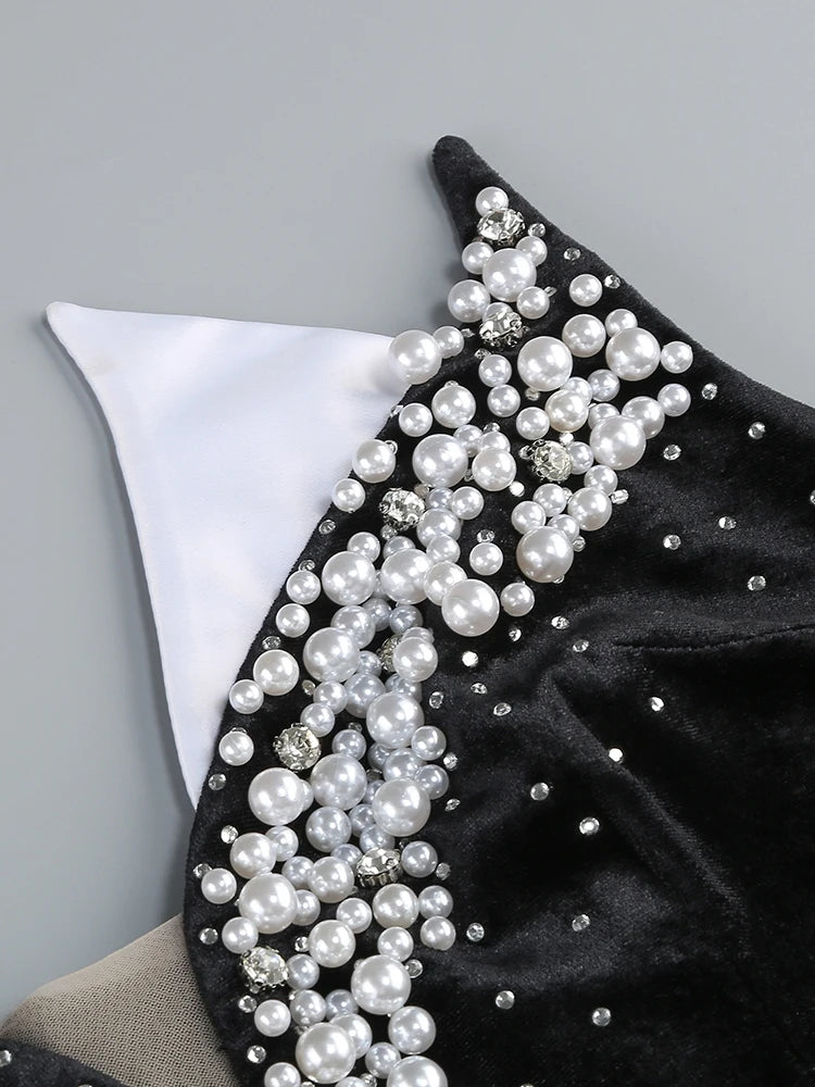 NEW Arrivals UK Size Sexy Strapless Pearls Diamonds Long Luxury Velvet Dress With Gloves Women Black Velvet Sleeveless Beaded Split Maxi Dresses Celebrity Evening Party Gown Ladies Luxury Fashion Clothing Supplies