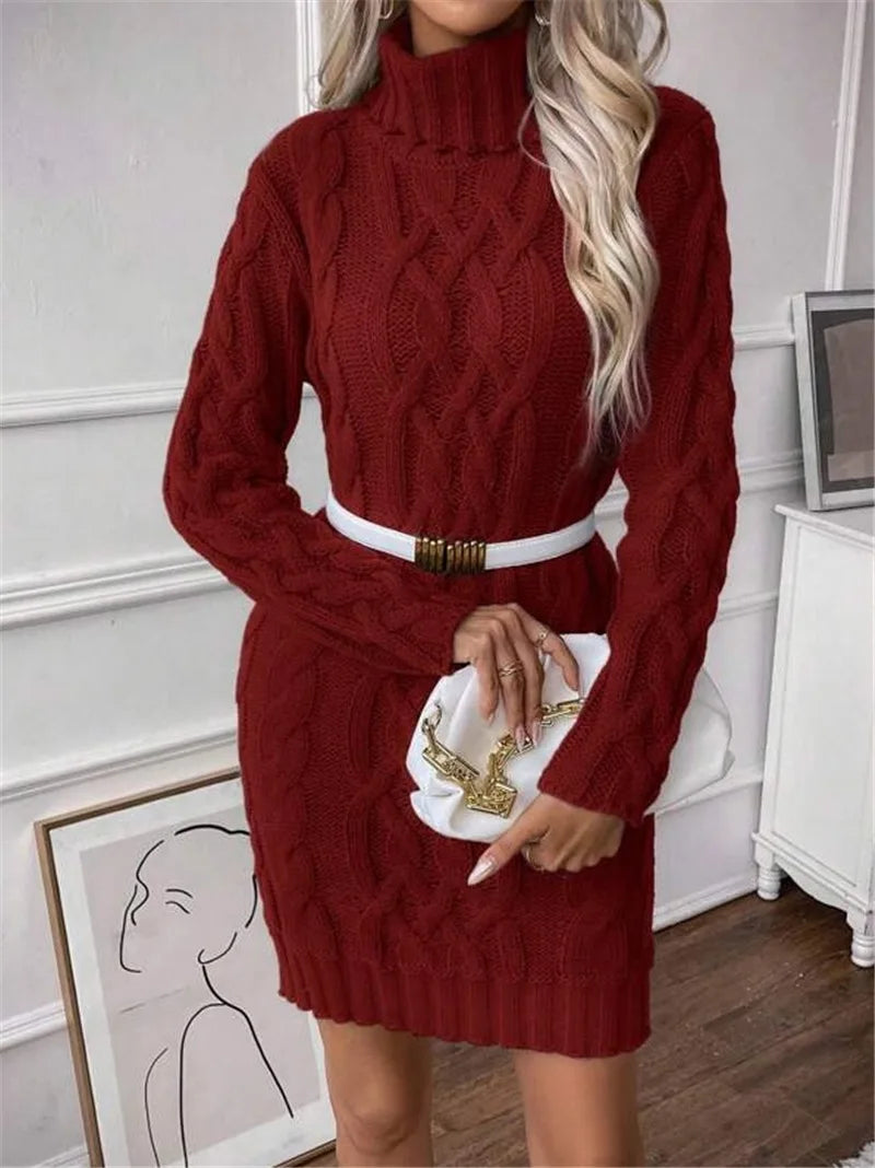 4 Colors UK Size Winter Warm Wool Clothes Woman Pulls Femmes High Neck Vestido Slim Fit Woolen Sweater Knitted Long Sleeve Dress All-Match Simple Style Commuting
