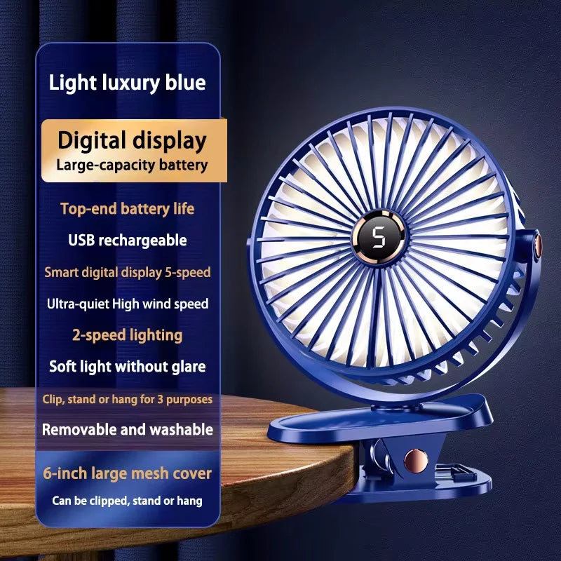 8000mAh Clip-On Whirlwind Fan 5 Speed Quiet Rechargeable Desktop Portable Air Circulator Wireless Fan With LED Light For Home Office Desktop Outdoor Camping Cooling Accessories