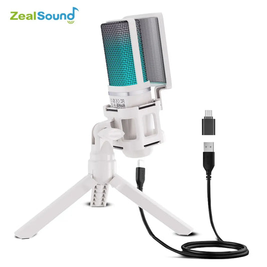 USB Condenser Recording Microphone White RGB Streaming Mic For PC And Mac with Android Phone Adapter Headphone Output