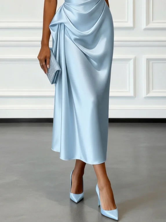 S-2XL UK Size One Shoulder Luxury Satin Midi Dress With Ruched Waist Elegant Sleeveless Evening Wedding Guest Business Party Formal Gown Ladies Outfits.