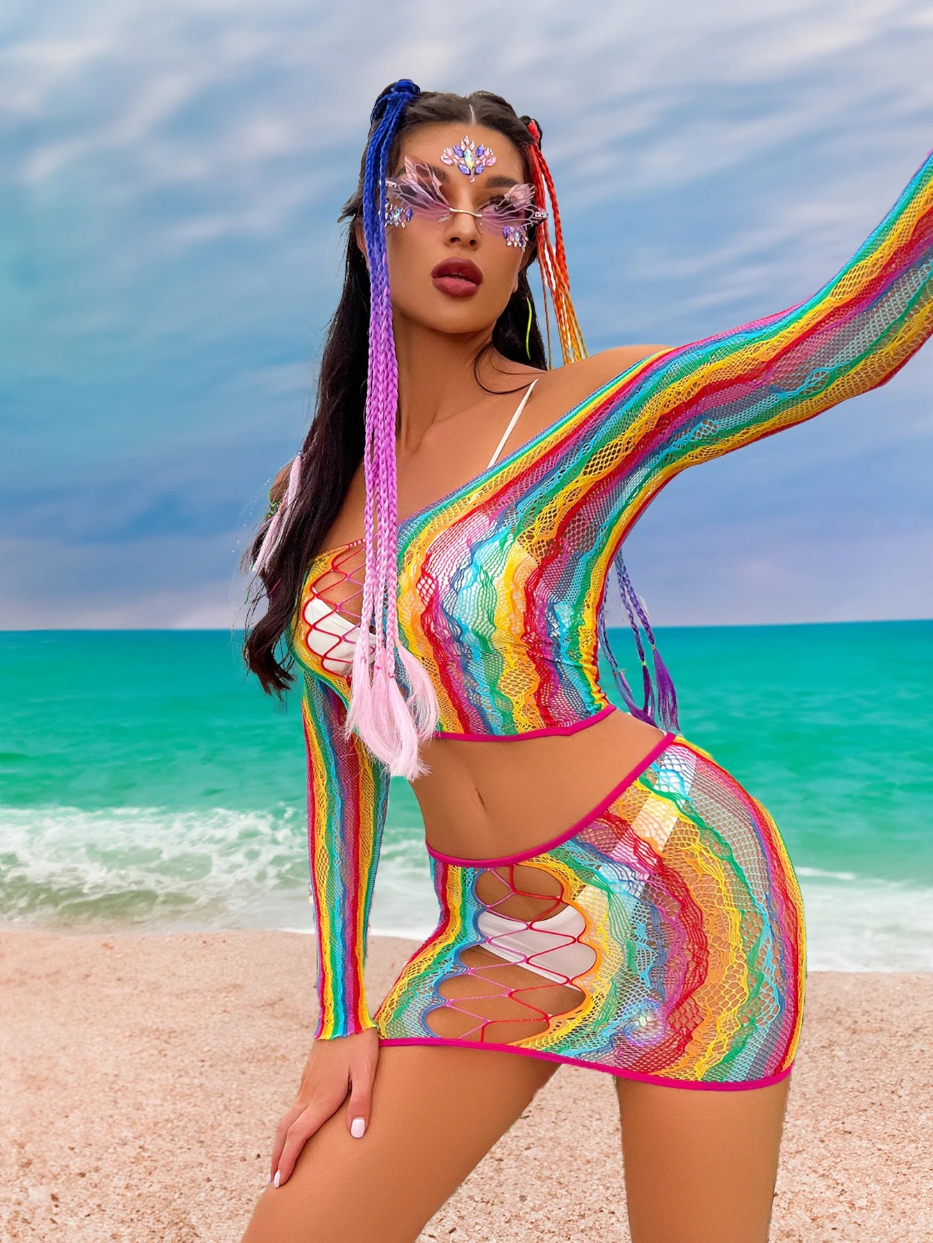 Colorful Rainbow Beach Cover Up Dress 2 Piece Set with Long Sleeve Sheer Stretchy Bodycon Fit