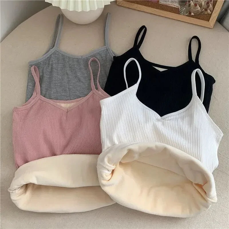 NEW Arrivals Women Thermal Winter Warm Underwear Solid Color Thermal Casual Nightwear Sexy Elasticity Female Thin Velvet T-Shirt Sleeveless Tops Girls Fashion Clothing Supplies