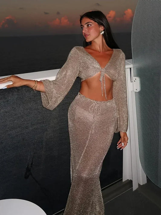 NEW 2PCS Set White/Khaki Solid Color UK Size Sexy Beachwear Swimsuit Cover Up Knit Summer Women's Big Bell Sleeve Lace-Up Top Long Skirt Set K128