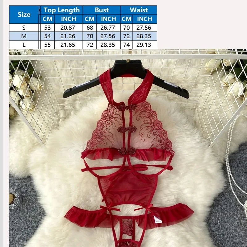 NEW Arrivals Red/Black See-Through Sleeveless Halter Playsuits Lace Sheer Open Crotch Lingerie Rompers Women Erotic Hollow Sexy Bodysuits Party Jumpsuit
