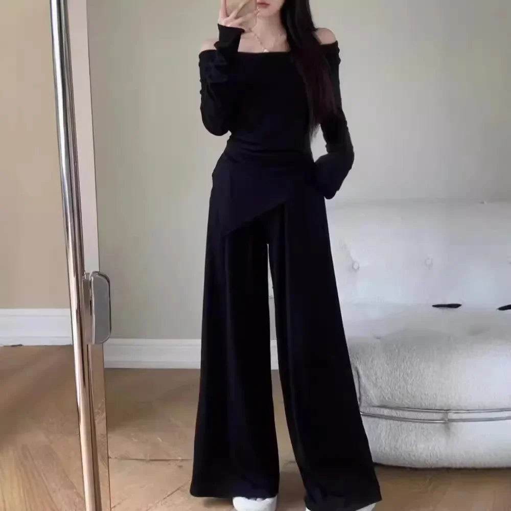 NEW Arrivals 2PCS Set M-2XL Black/Apricot/Gray Color Off-Shoulder Long Sleeve Elegant Suit Slimming Top And Smoothing Bottoms Women's Autumn Bell Pants High-End Feel