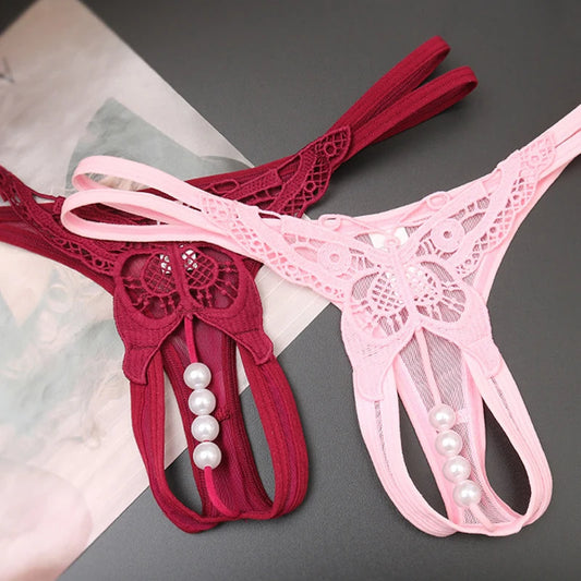 Butterfly Panties Sexy Beading Thong G String With Pearls Lace Underwear Women's T-Back Open Crotch Ladies Sexy Fashion Lingerie Clothing Products