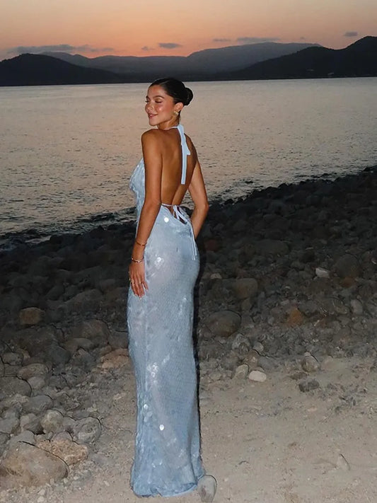 NEW Arrivals UK Size Beaded Sequins Backless Luxury Long Dresses Women Sexy Lace Up Slim Halter Evening Beach Party Night Club Glitter Dress Lady Elegant Summer Shinny Gown