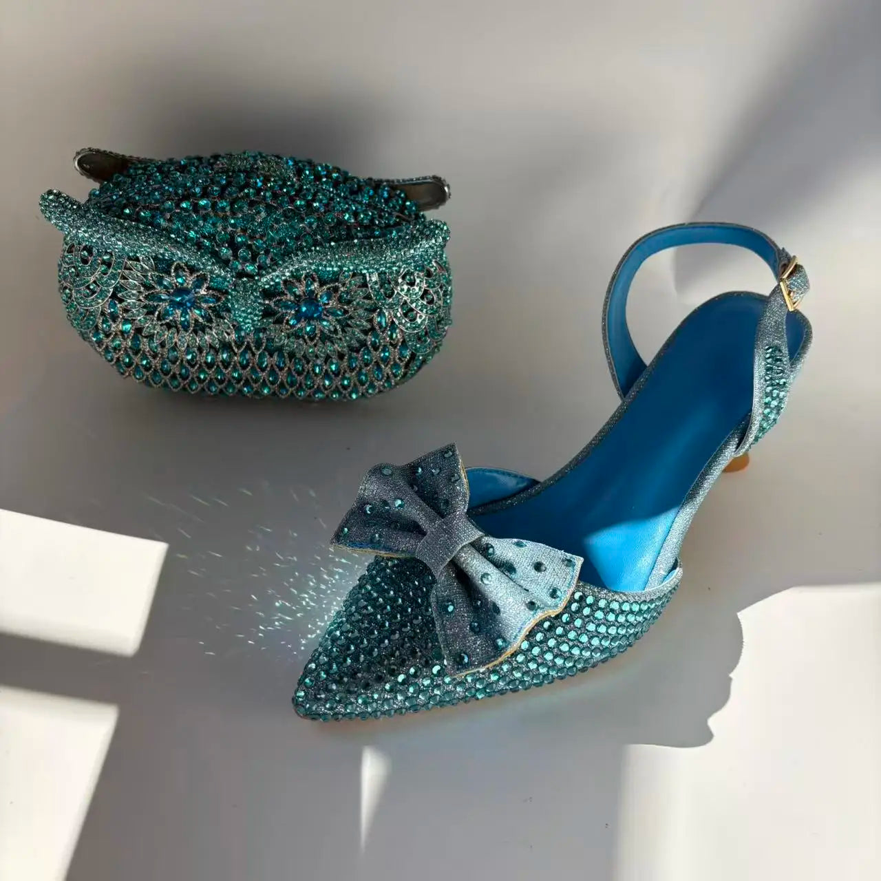 Newest Lake Blue Pumps Women Thin Heels with Bag Set Rhinestones Leather Sandals Evening Wedding Party Women's Shoes for Bridal