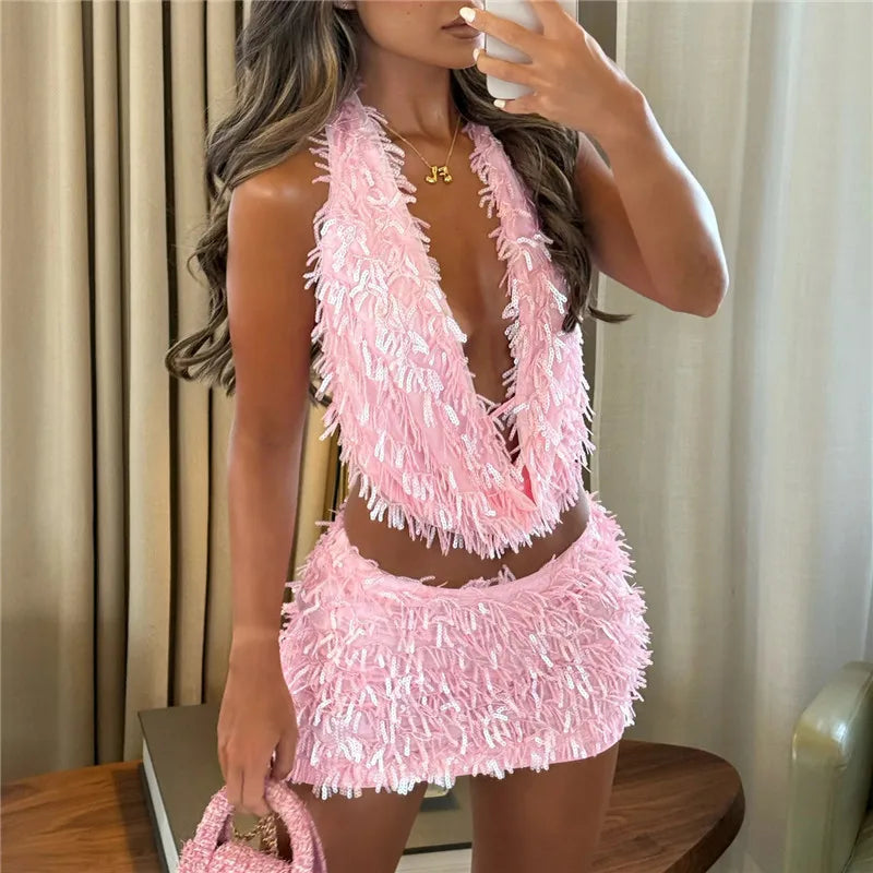 2 PCS Set 5 Colors UK Size Y2K Sequin Tassels Mini Skirt Sets For Women Backless Sleeveless Halter Vest Tops Mini Skirts Suits Summer Evening Beach Party Holiday Sets