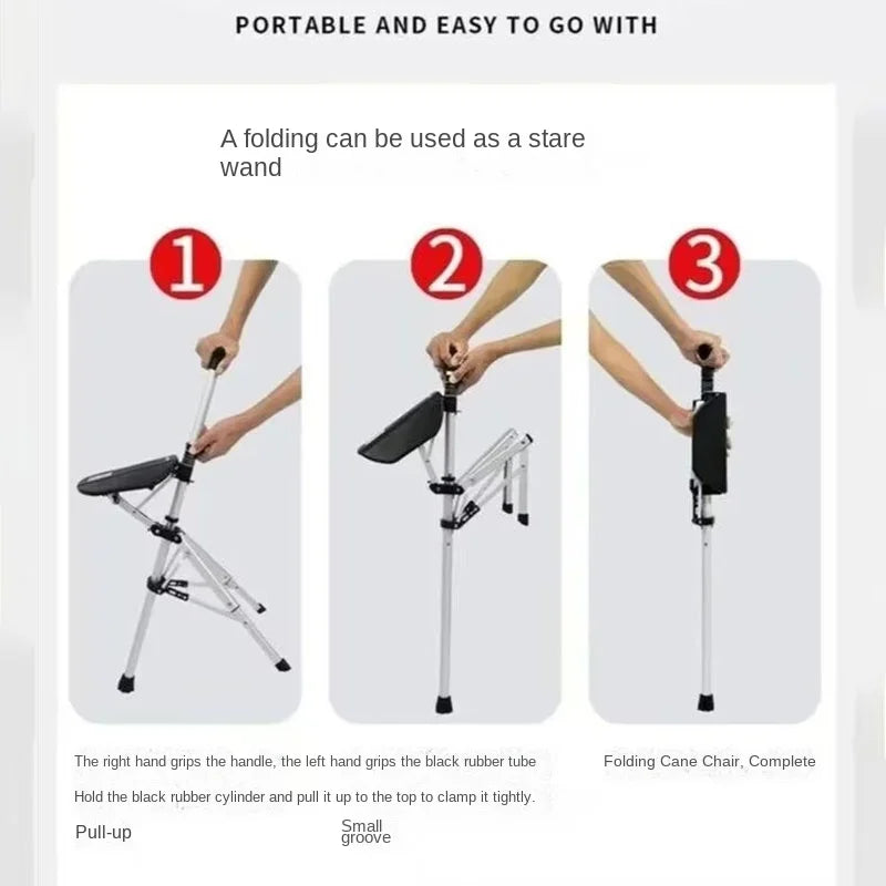 110KG Load Bearing New High Quality Aluminum Alloy Foldable Cane Stick Seat Adjustable Elderly Crutch Fishing Chair With Stool Outdoor Activities Walking Hiking Camping Mobility Medical Supplies