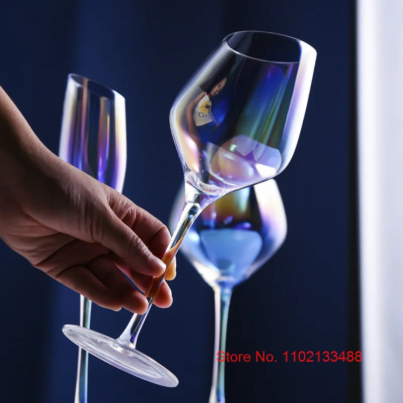 2 PCS Set Color Pearl Luxury Crystal Wine Glass Wedding Party Glassware Drink Cup Plating Rainbow Oblique Bordeaux Goblet Champagne Flutes
