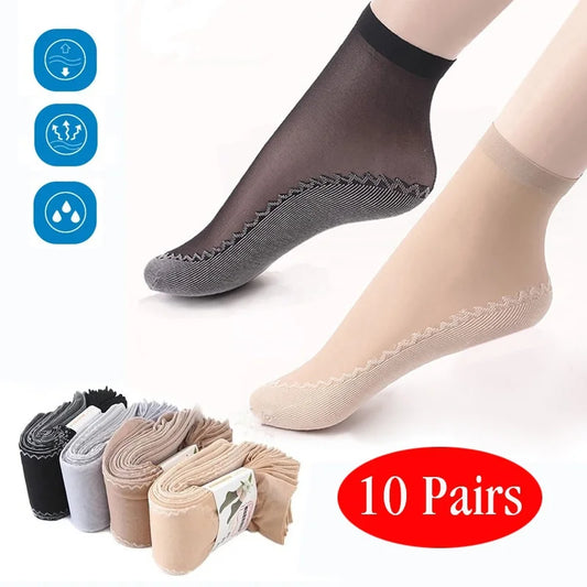 20pcs=10 Pairs Spring Summer Women Soft Socks Thin Silk Socks Non-Slip Bottom Splice Fashion Transparent Ladies Breathable Sock