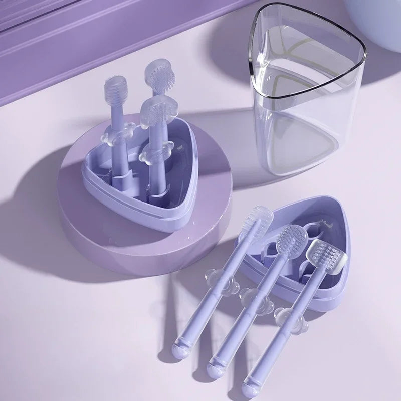 3 PCS Set Baby Teeth Oral Care Cleaning Set Baby Soft Bristle Toothbrush Infant Silicone Toothbrush Tongue Coating Care Cleaning Tools Sets