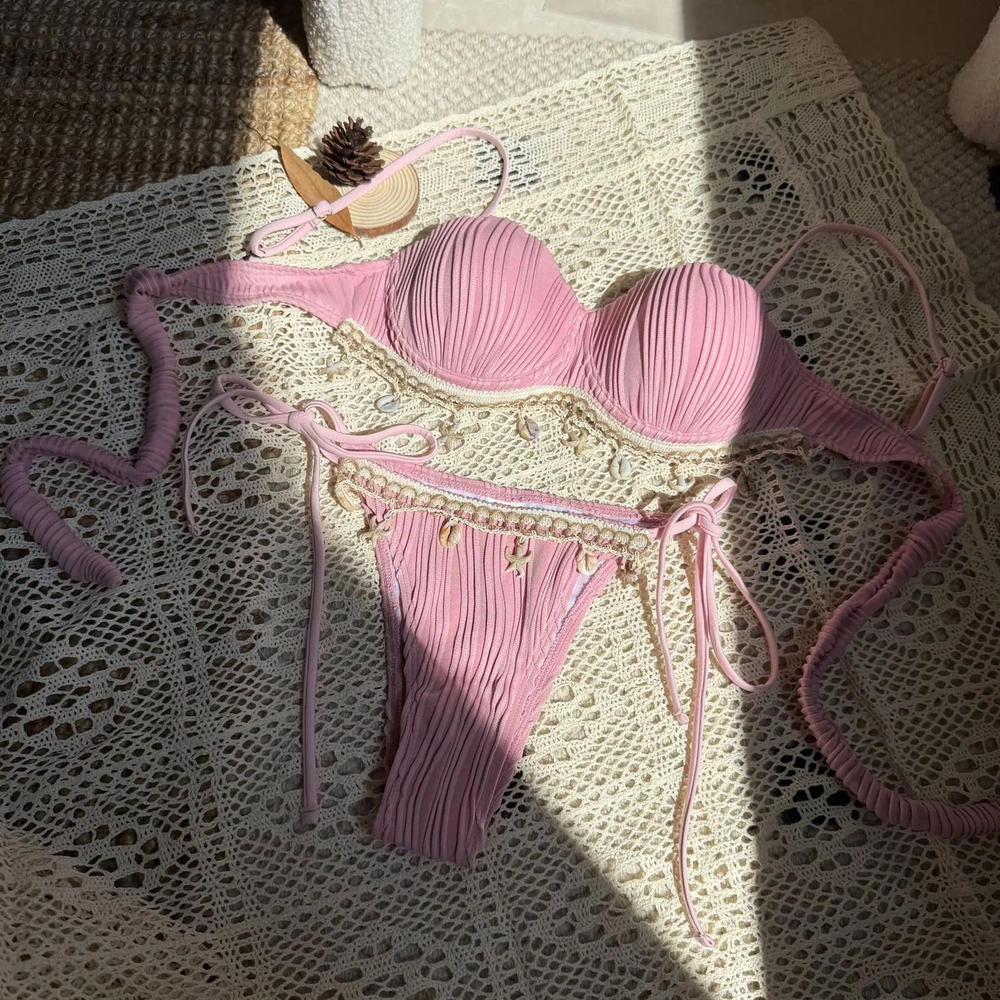 NEW 5 Colors UK Size Shell Scalloped Wrinkled Underwired Bra Cup Bikini Female Swimsuit Women Swimwear 2PCS Bikini Set Push Up Ladies Bathing Suit