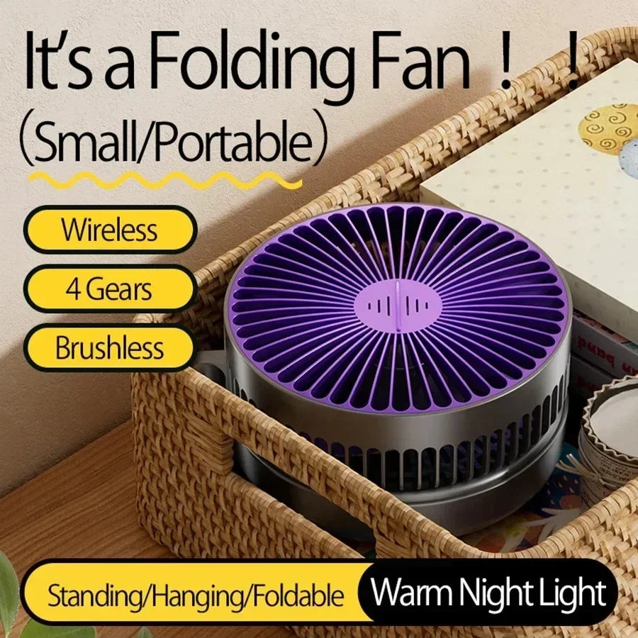 Home Office Rechargeable Table Fan Portable Air Conditioner Wall Mounted Fan 90° Folding Fan 4 Gears with Warm Night Light Home Cooling Accessories