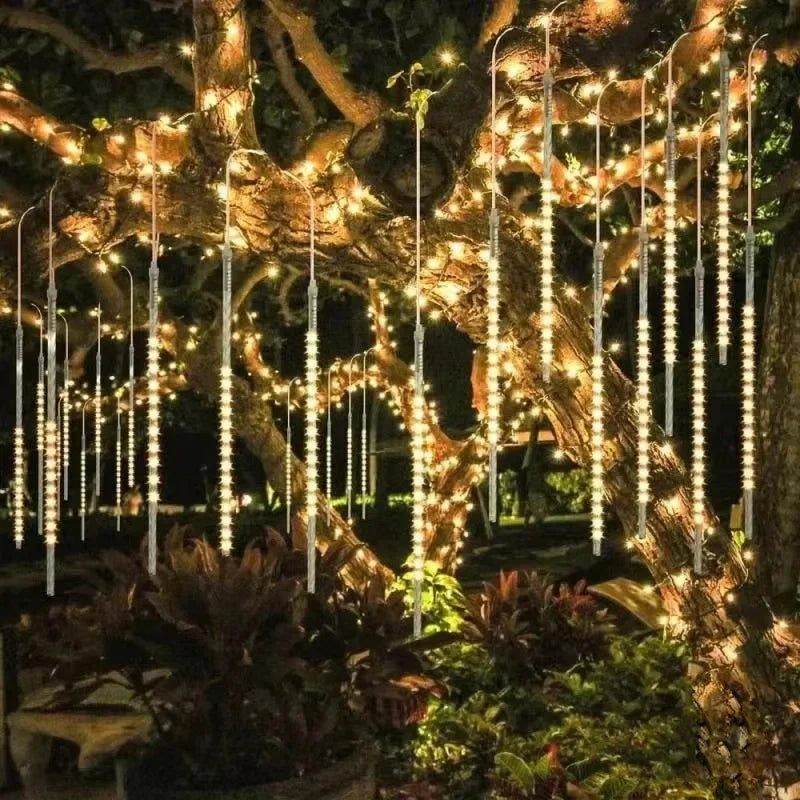 NEW Arrivals LED Lights Stalactites Meteor Shower Rain Lights 2/4Set Falling Rain Fairy String Lights Christmas Holiday Snow Falling Icicle Cascading Light Home Outdoor Decoration Accessories Supplies