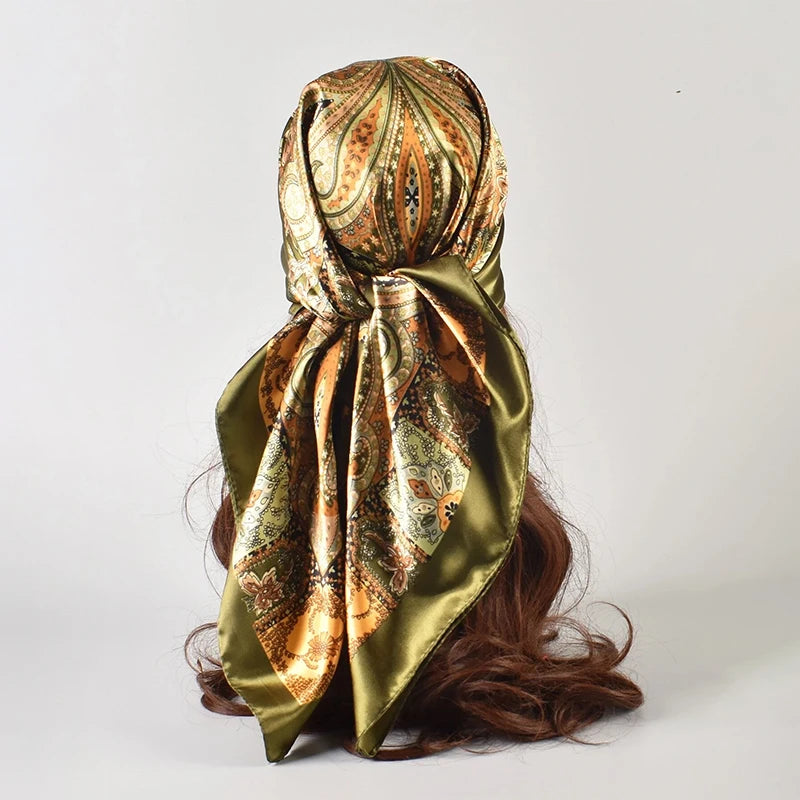 New 90x90cm 18 Colors Silk Shawl Satin Square Scarf For Women Paisley Neckerchief Female New Headband Hair Bands Print Foulard Hijab Wraps Bandana Women Apparel Accessories