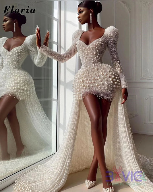 NEW Arrivals UK/USA/EU Plus Size White/Black/Red/Light Brown African Full Pearls Luxury Evening Dresses Elegant High Low Sweep Train Prom Dress Customized Dubai Beading Wedding Party Mermaid Gowns