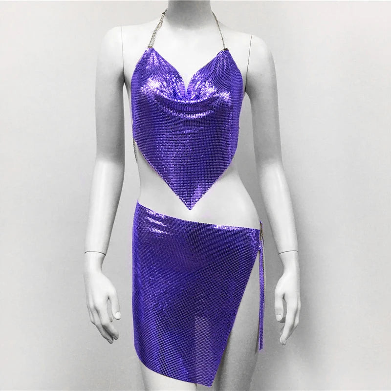 NEW Arrivals 2PCS Set Sexy Metal Sequins Matching Sets for Women Backless Tank Tops Slit Mini Skirt Festival Rave Beach Party Outfits Nightclub Party Bod Girls Sexy Fashion Clothing Supplies