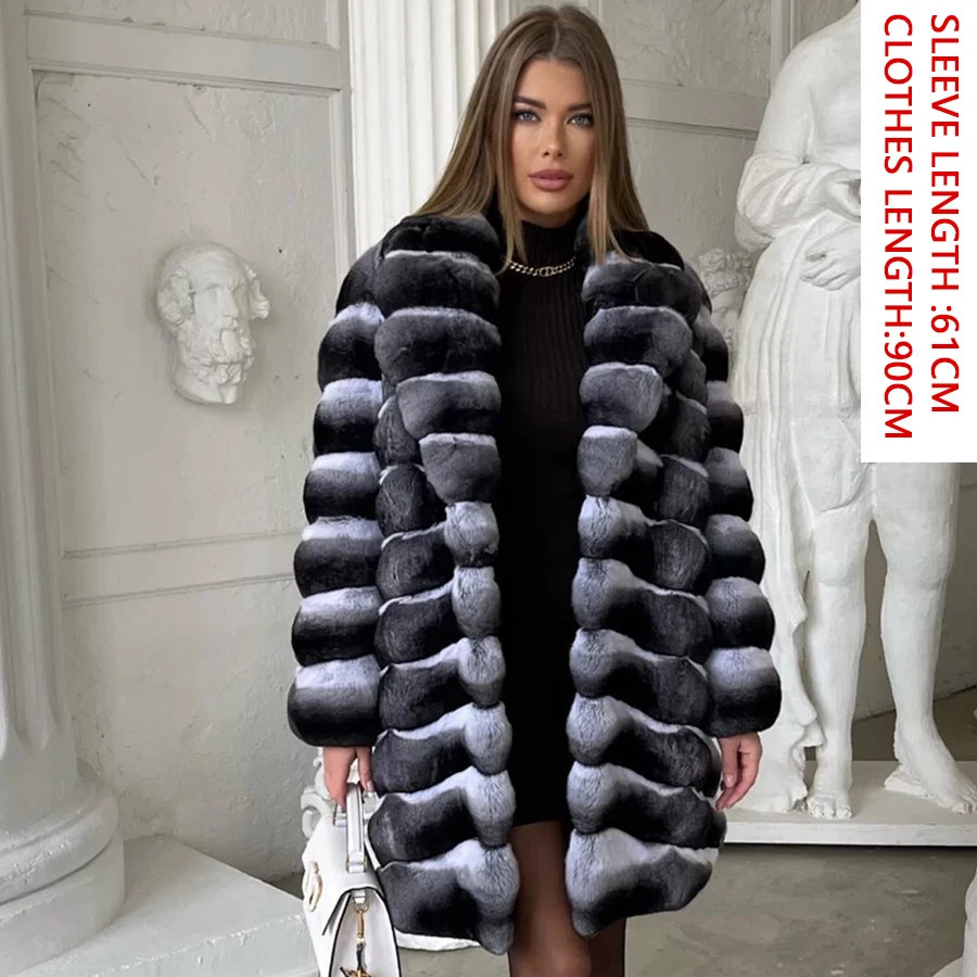 NEW Arrivals UK S-4XL Size 3 Colors Women Luxury Chinchilla Natural Rex Rabbit Fur Coat With Fur Collar Warm Winter Jacket Women Warm Chinchilla Fur Jacket Real Fur Coat